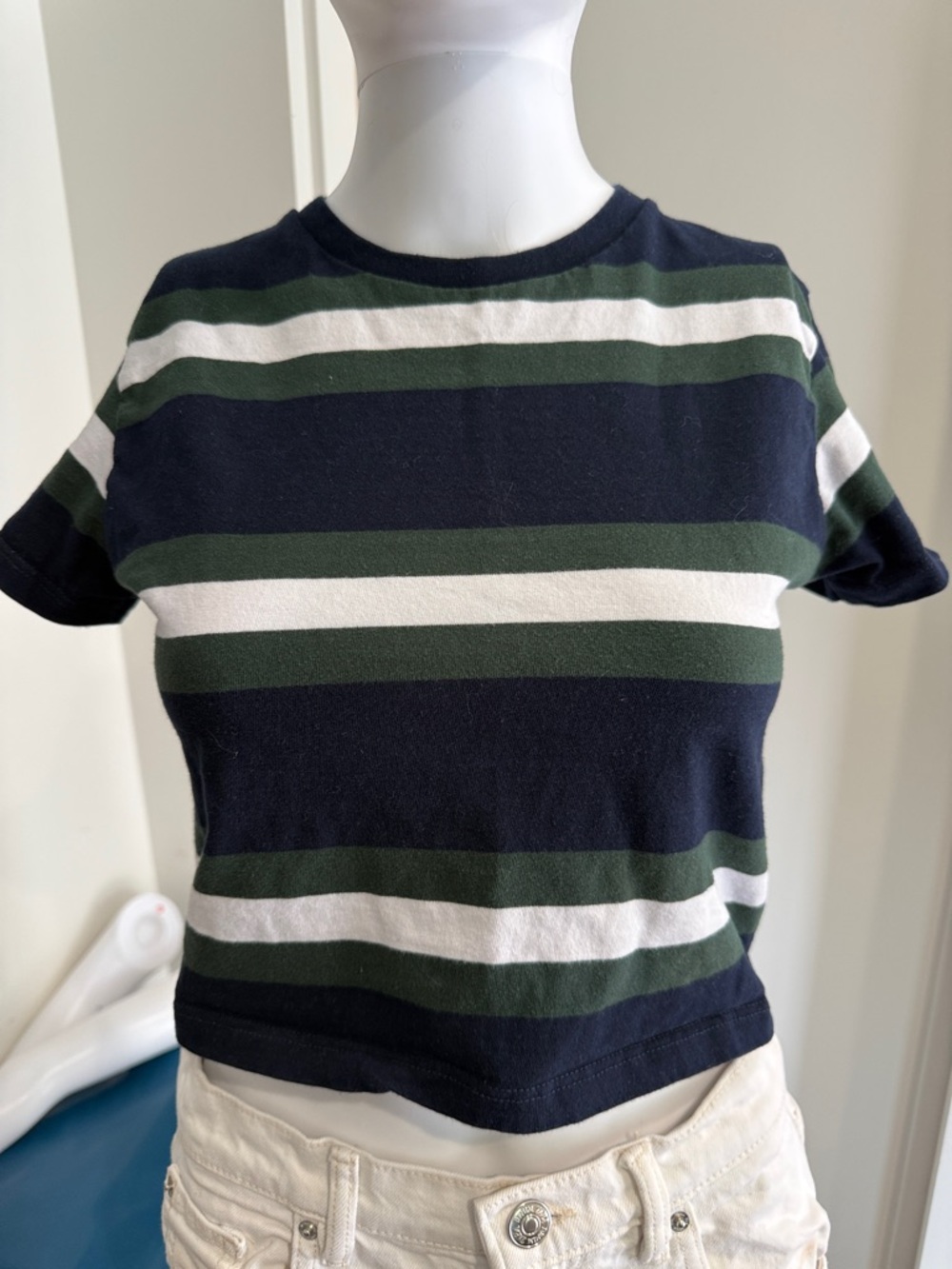 Brandy Melville Navy, Green & White Striped Cropped Tee